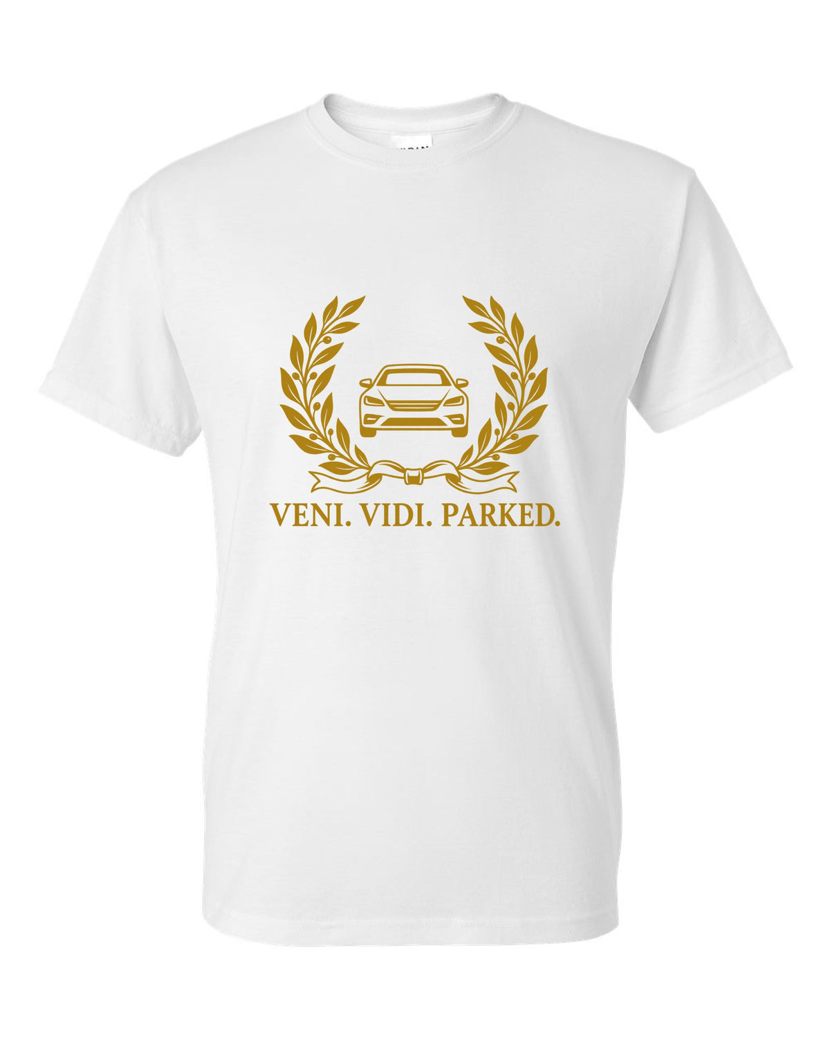 Olive branches and ribbon around a tiny front-view car white t-shirt front view with the design