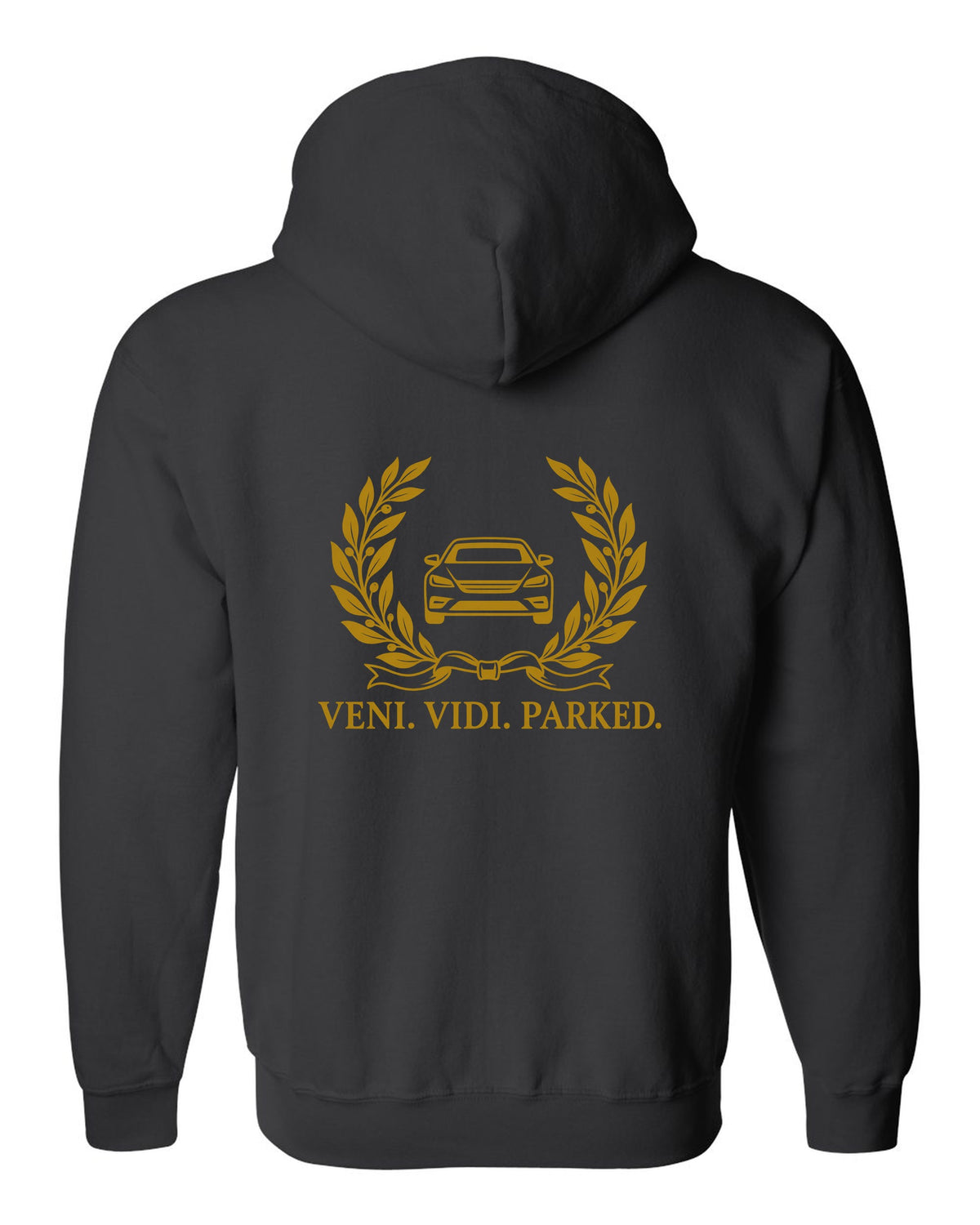 Olive branches and ribbon around a tiny front-view car black zip hoodie back view with the design