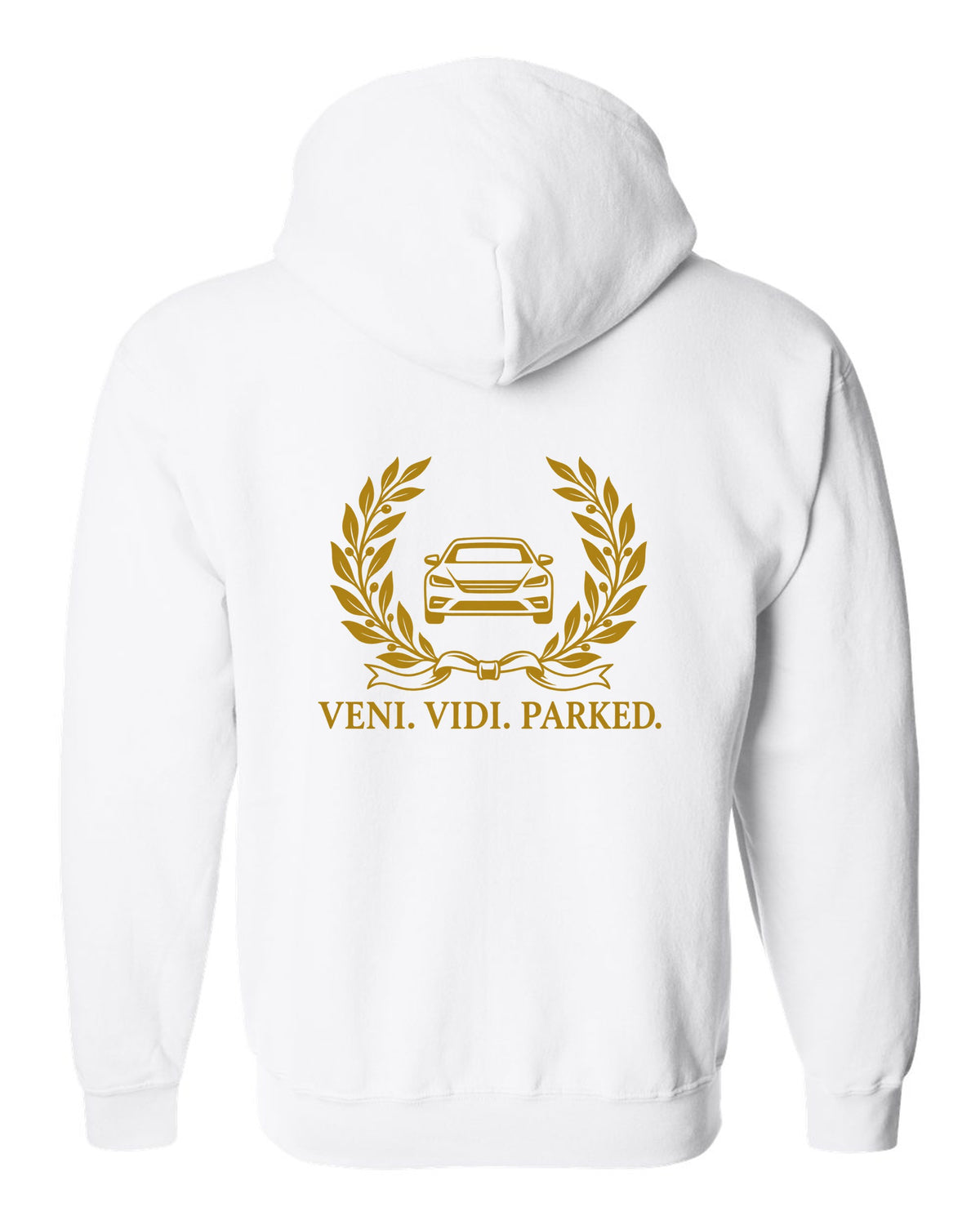 Olive branches and ribbon around a tiny front-view car white zip hoodie back view with the design