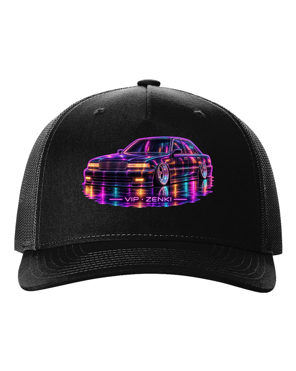 Neon line illustration of a slammed Japanese luxury sedan in the rain with VIP ZENKI lettering black hat front view with the design
