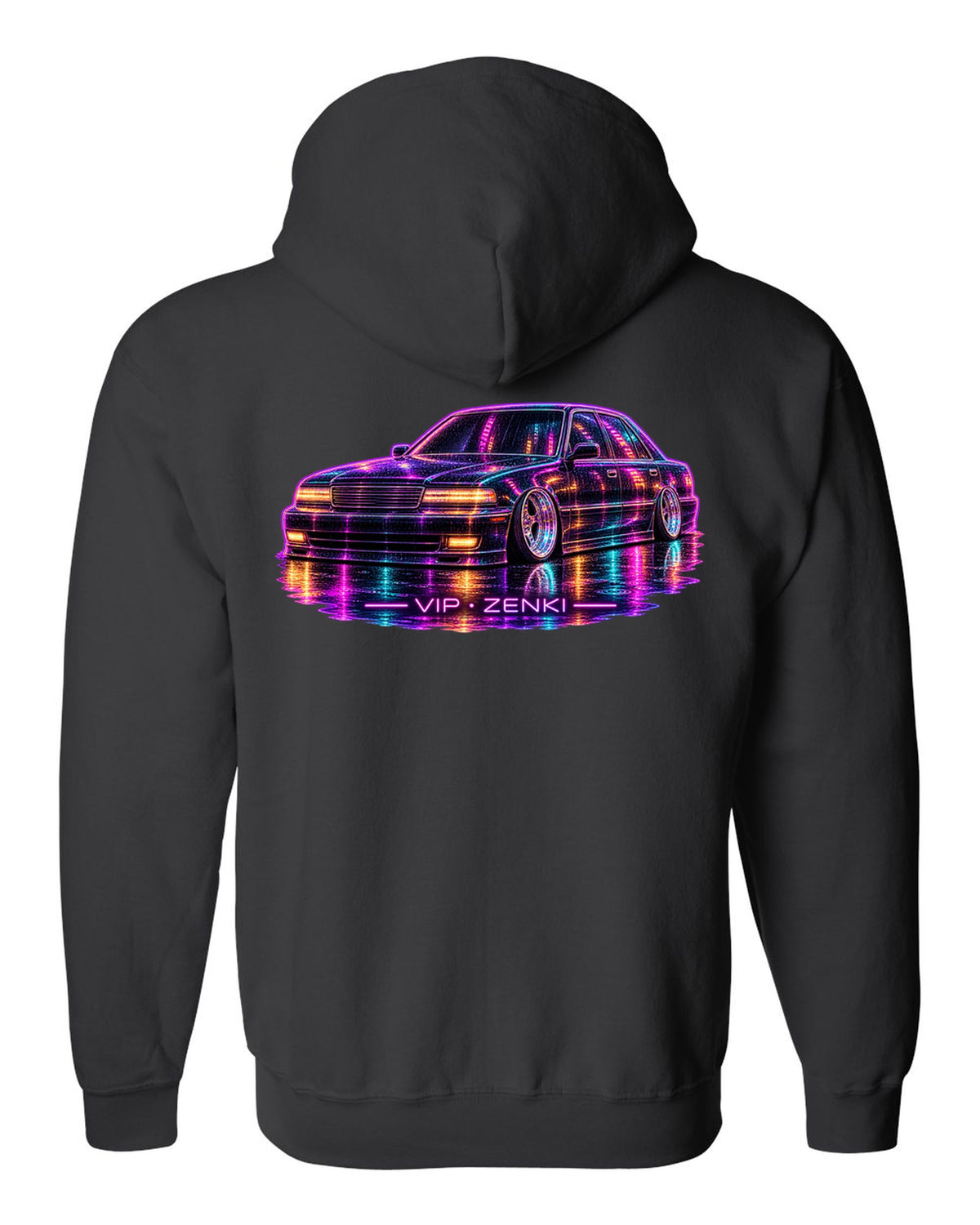 Neon line illustration of a slammed Japanese luxury sedan in the rain with VIP ZENKI lettering black zip hoodie back view with the design
