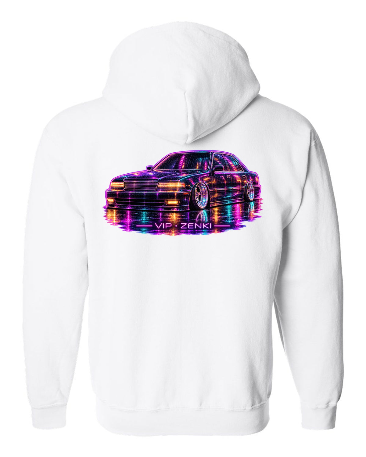 Neon line illustration of a slammed Japanese luxury sedan in the rain with VIP ZENKI lettering white zip hoodie back view with the design