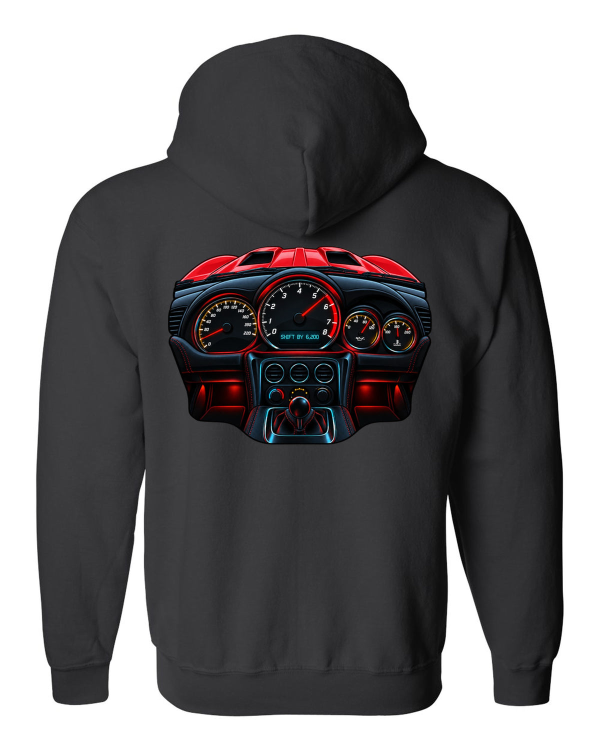 Gauge-cluster HUD design for a 2015 Dodge Viper VX I reading shift by 6,200 black zip hoodie back view with the design