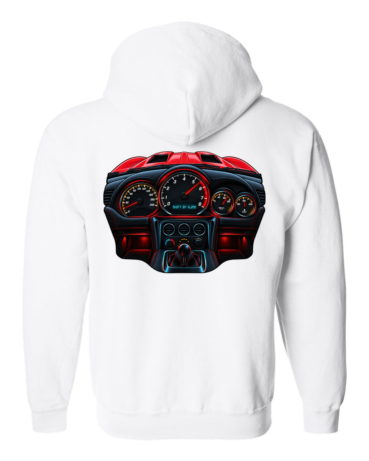 Gauge-cluster HUD design for a 2015 Dodge Viper VX I reading shift by 6,200 white zip hoodie back view with the design