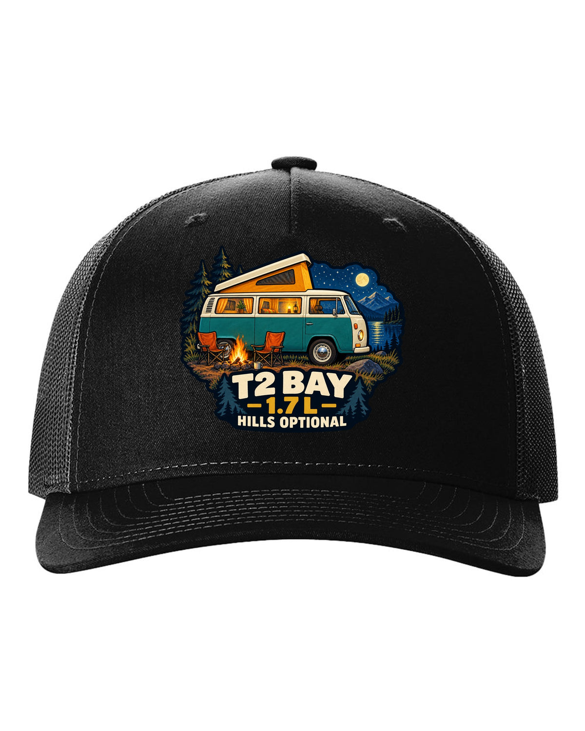 1972 VW Bus T2 Bay Window at a night camp painted in gouache black hat front view with the design