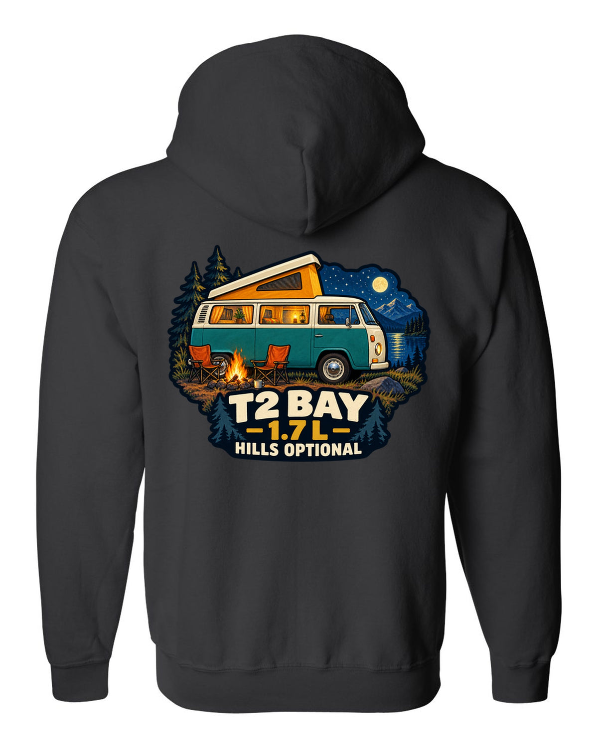 1972 VW Bus T2 Bay Window at a night camp painted in gouache black zip hoodie back view with the design