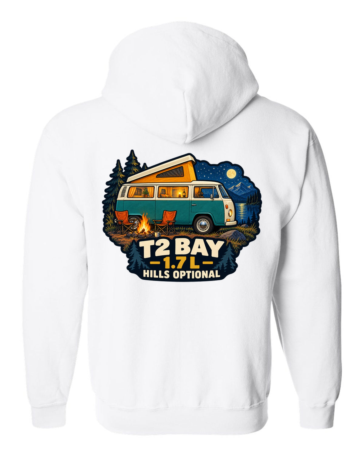 1972 VW Bus T2 Bay Window at a night camp painted in gouache white zip hoodie back view with the design