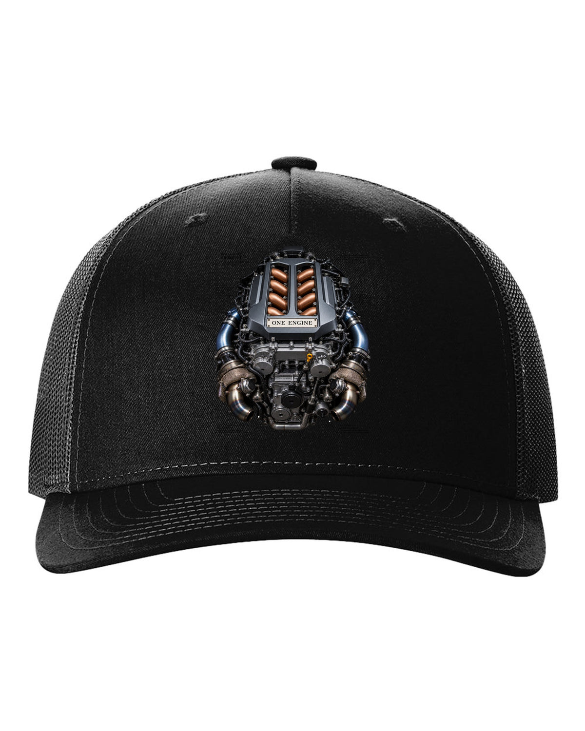 Nissan GT-R VR38DETT twin-turbo V6 engine bay illustration, print design black hat front view with the design