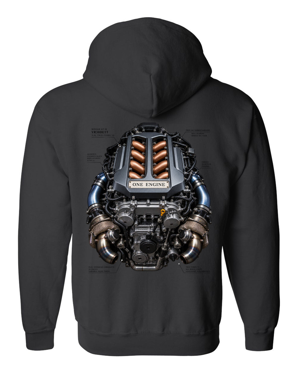 Nissan GT-R VR38DETT twin-turbo V6 engine bay illustration, print design black zip hoodie back view with the design