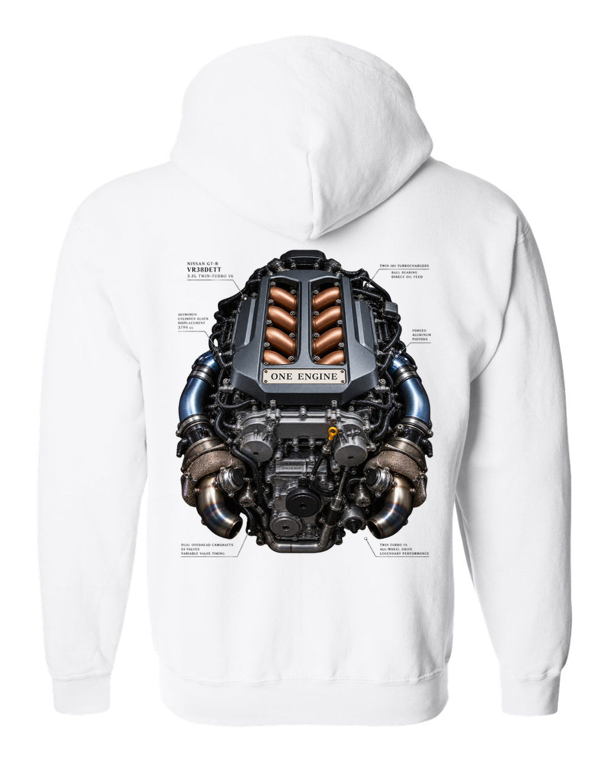 Nissan GT-R VR38DETT twin-turbo V6 engine bay illustration, print design white zip hoodie back view with the design