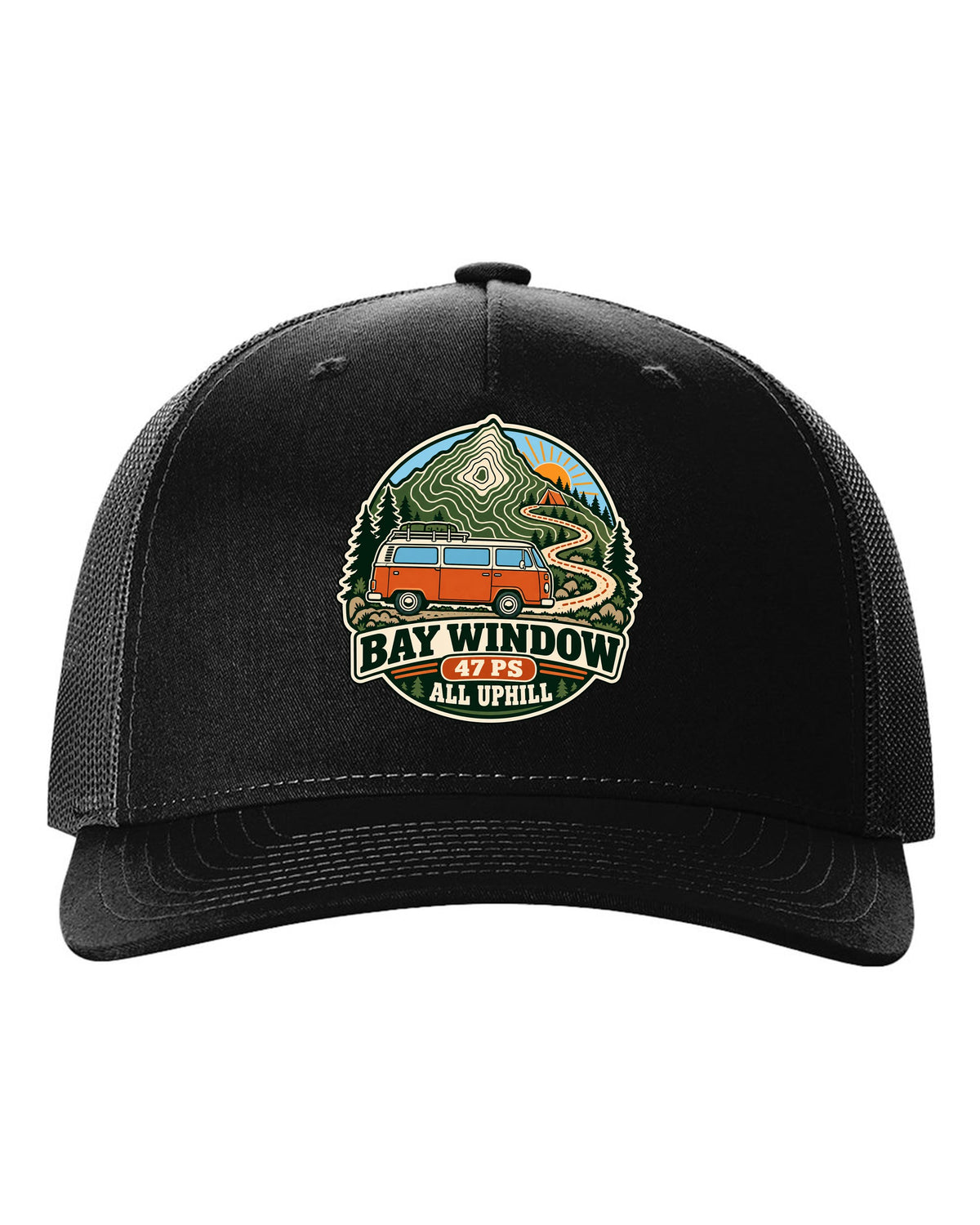 Topographic route map style print of a VW Bus T2 Bay Window with 47 PS all uphill text black hat front view with the design