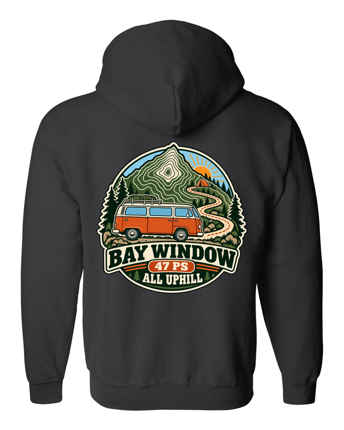 Topographic route map style print of a VW Bus T2 Bay Window with 47 PS all uphill text black zip hoodie back view with the design