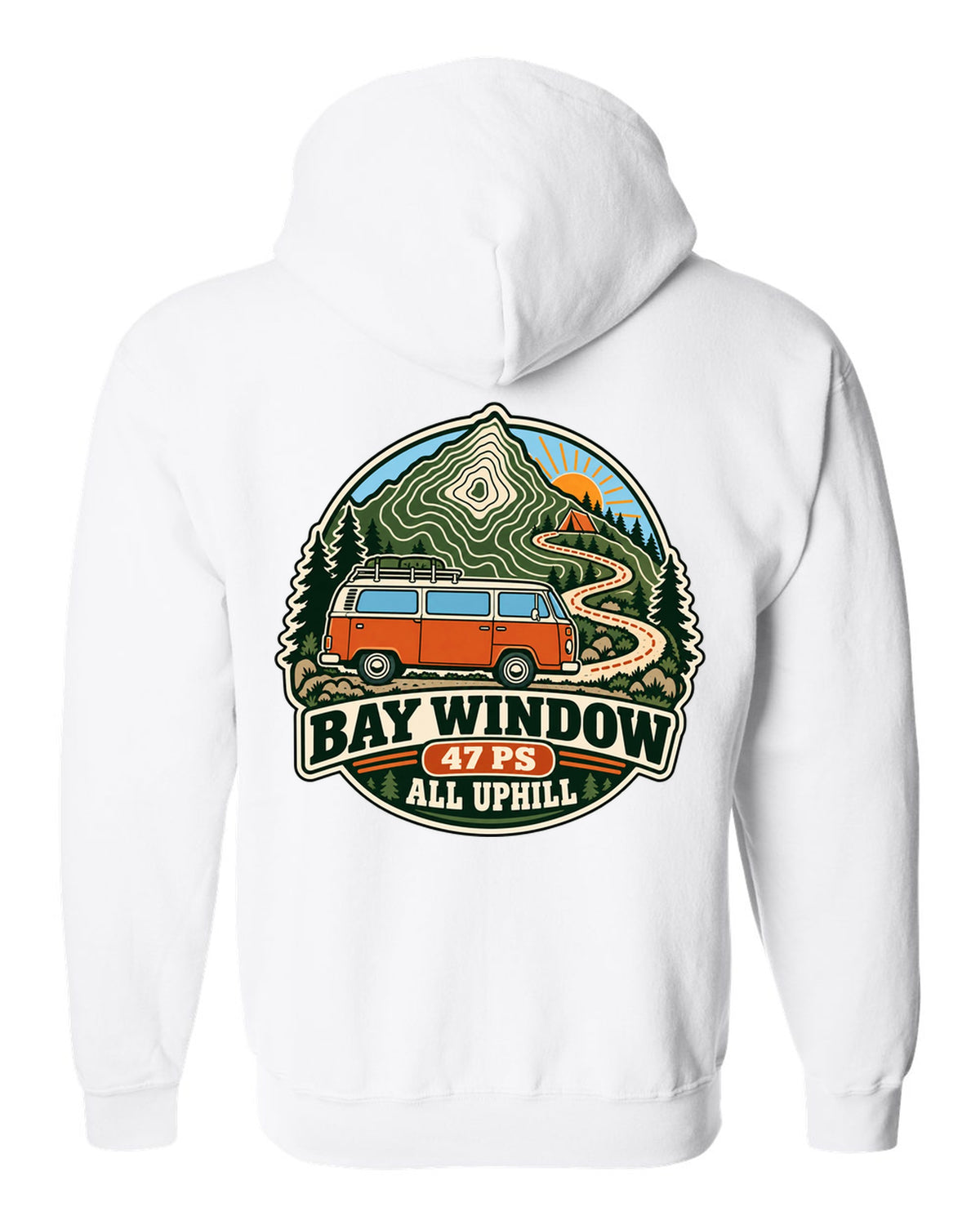 Topographic route map style print of a VW Bus T2 Bay Window with 47 PS all uphill text white zip hoodie back view with the design