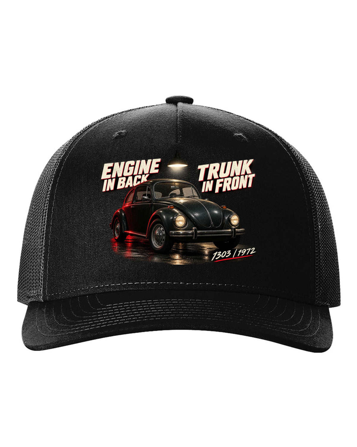 Garage night print of a VW Beetle 1303 front three-quarter with engine in back trunk in front text black hat front view with the design