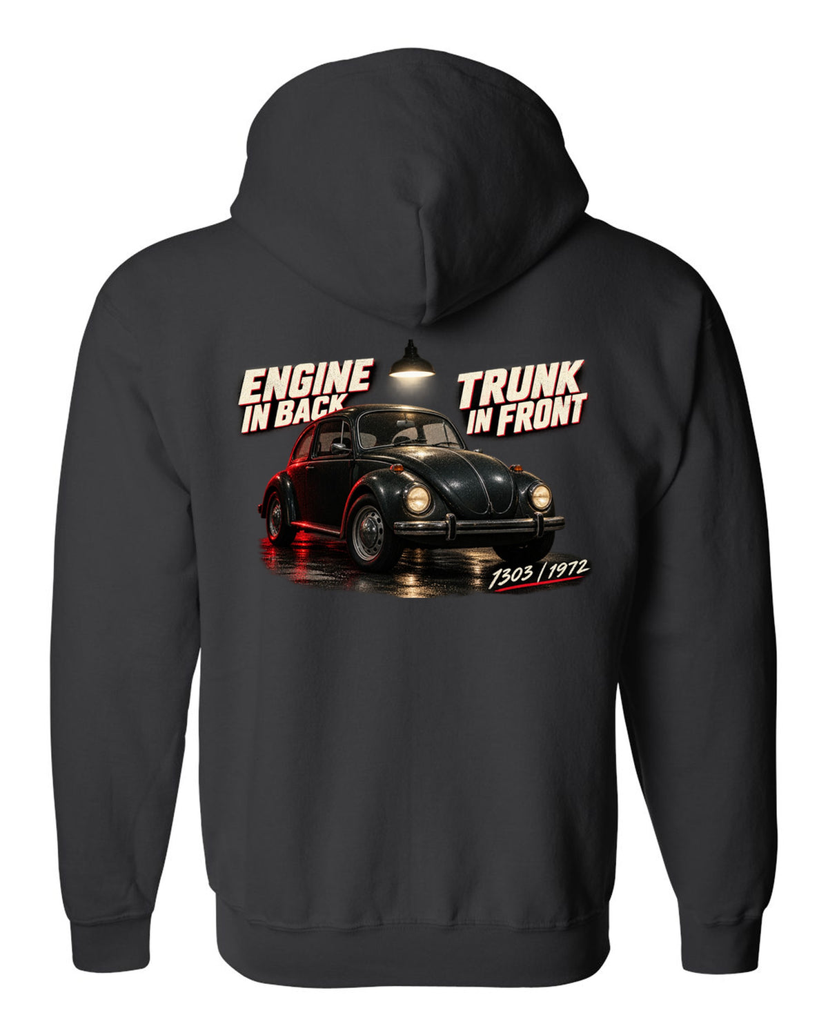 Garage night print of a VW Beetle 1303 front three-quarter with engine in back trunk in front text black zip hoodie back view with the design