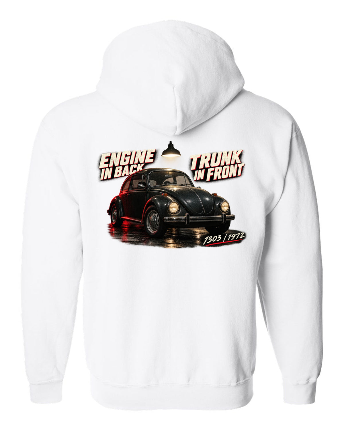 Garage night print of a VW Beetle 1303 front three-quarter with engine in back trunk in front text white zip hoodie back view with the design