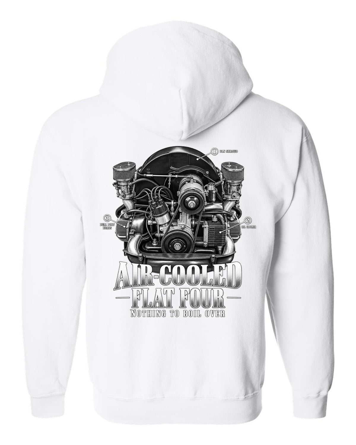 Engine bay callout print of a VW Beetle air-cooled 1600 dual-port flat-four white zip hoodie back view with the design