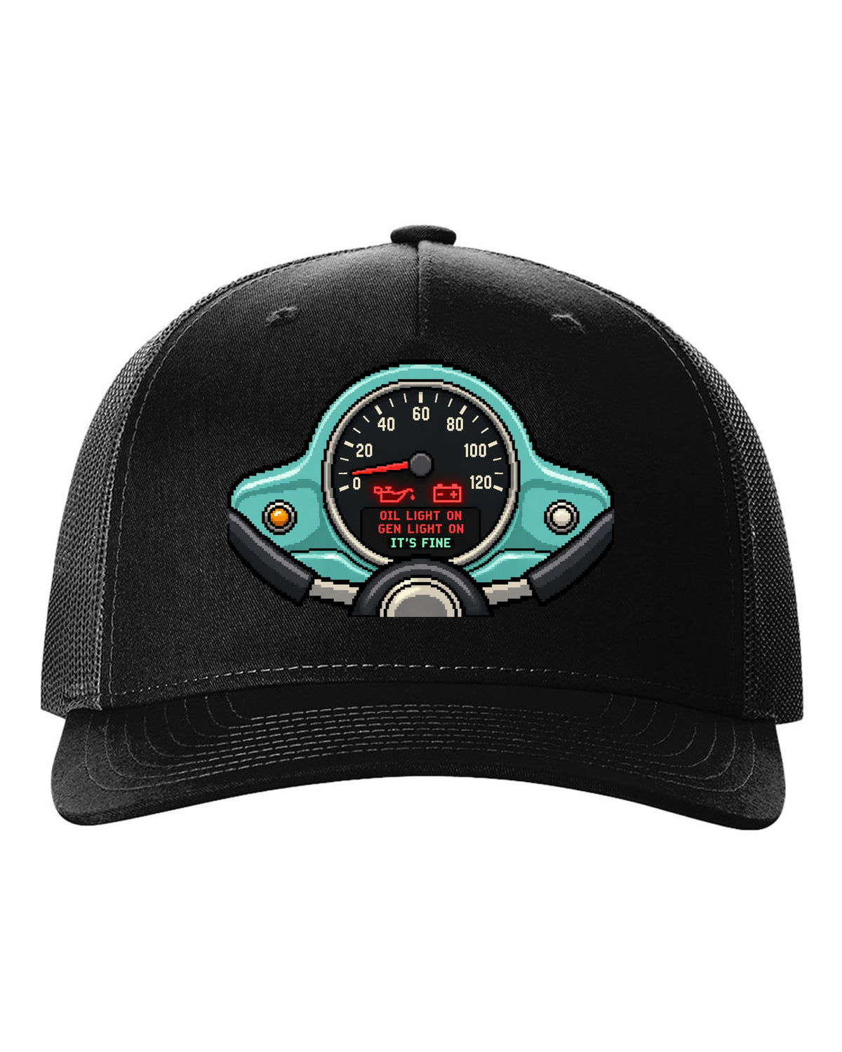 Pixel LED segmented display print of a VW Beetle Type 1 dashboard with warning light lettering black hat front view with the design