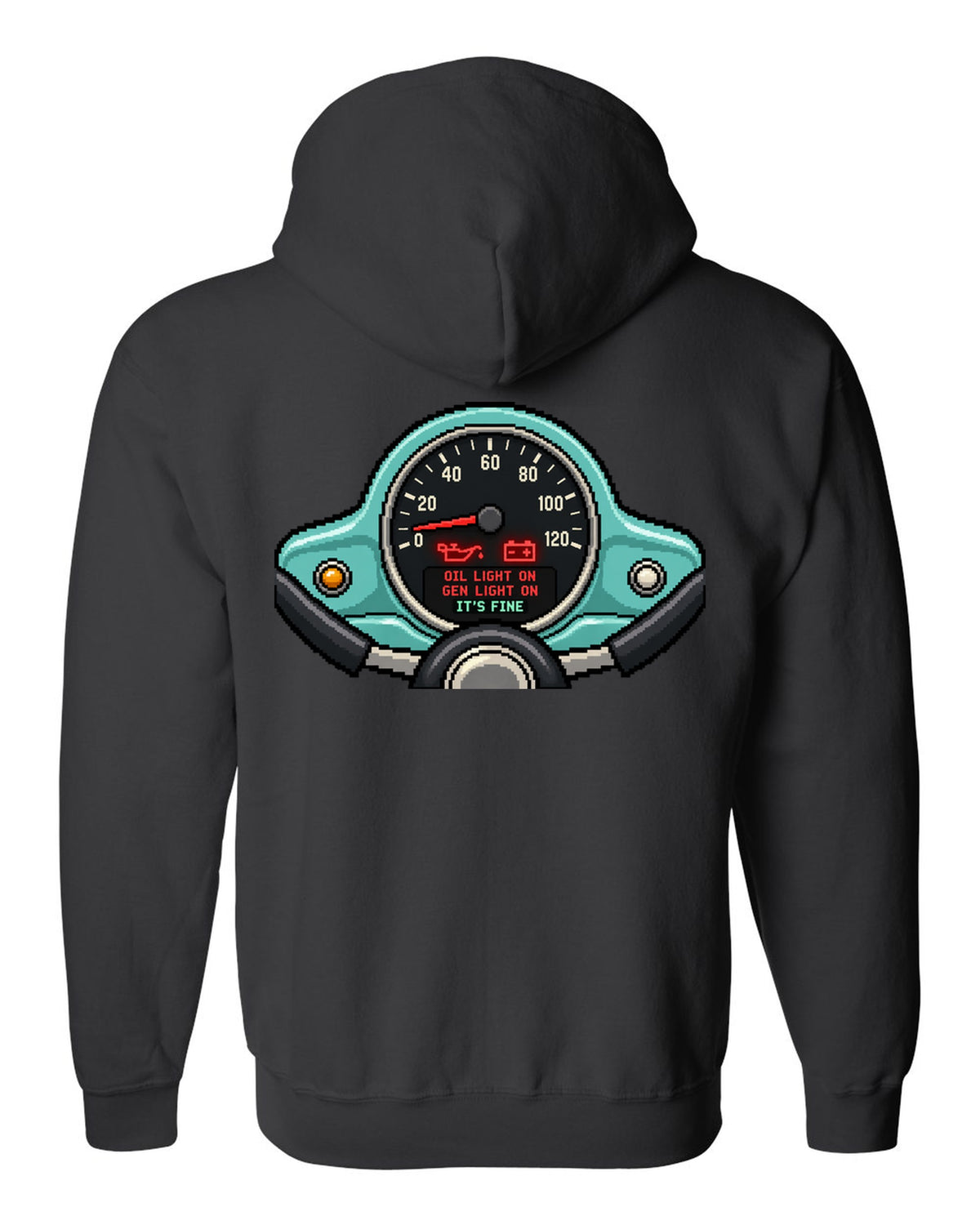 Pixel LED segmented display print of a VW Beetle Type 1 dashboard with warning light lettering black zip hoodie back view with the design
