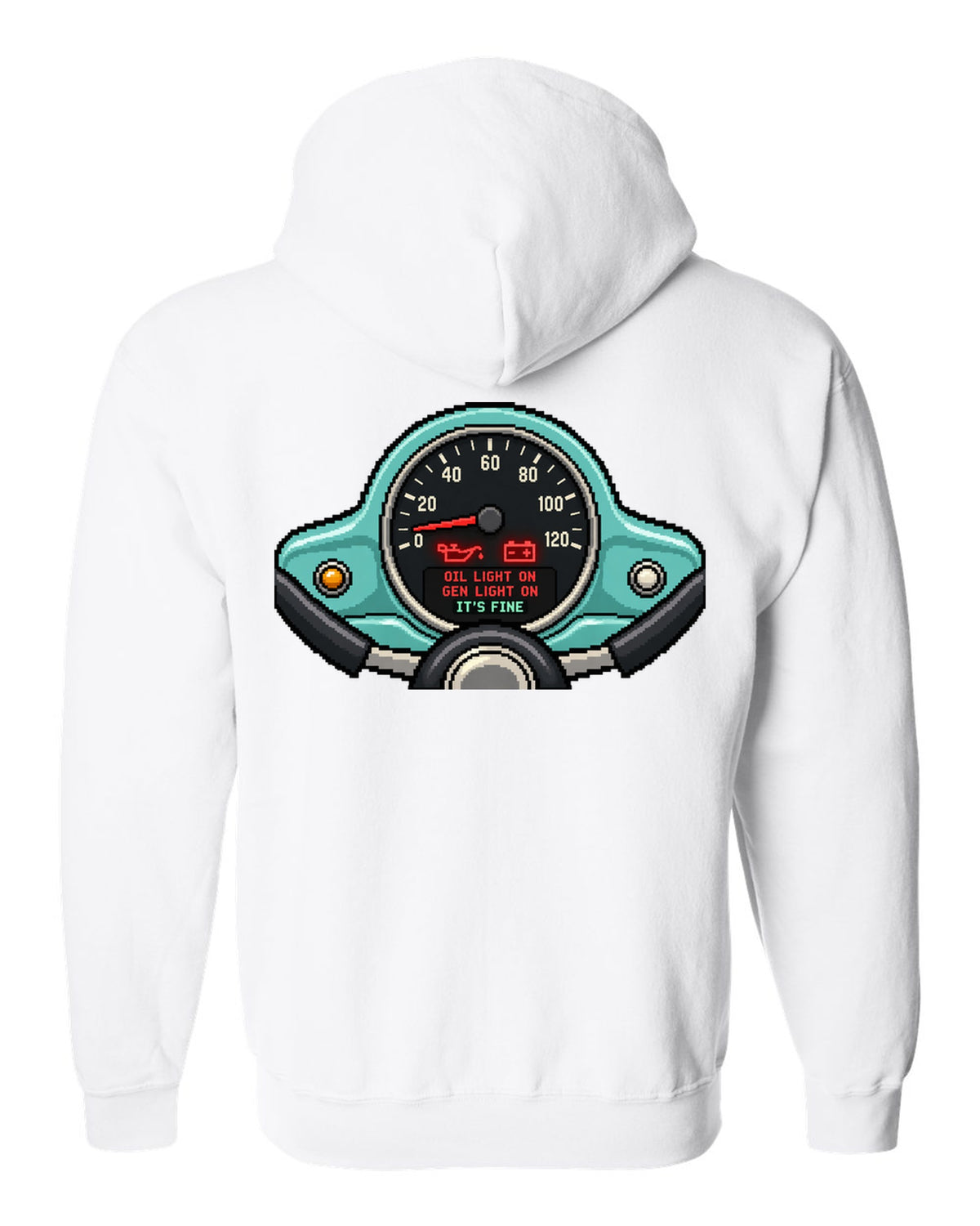 Pixel LED segmented display print of a VW Beetle Type 1 dashboard with warning light lettering white zip hoodie back view with the design