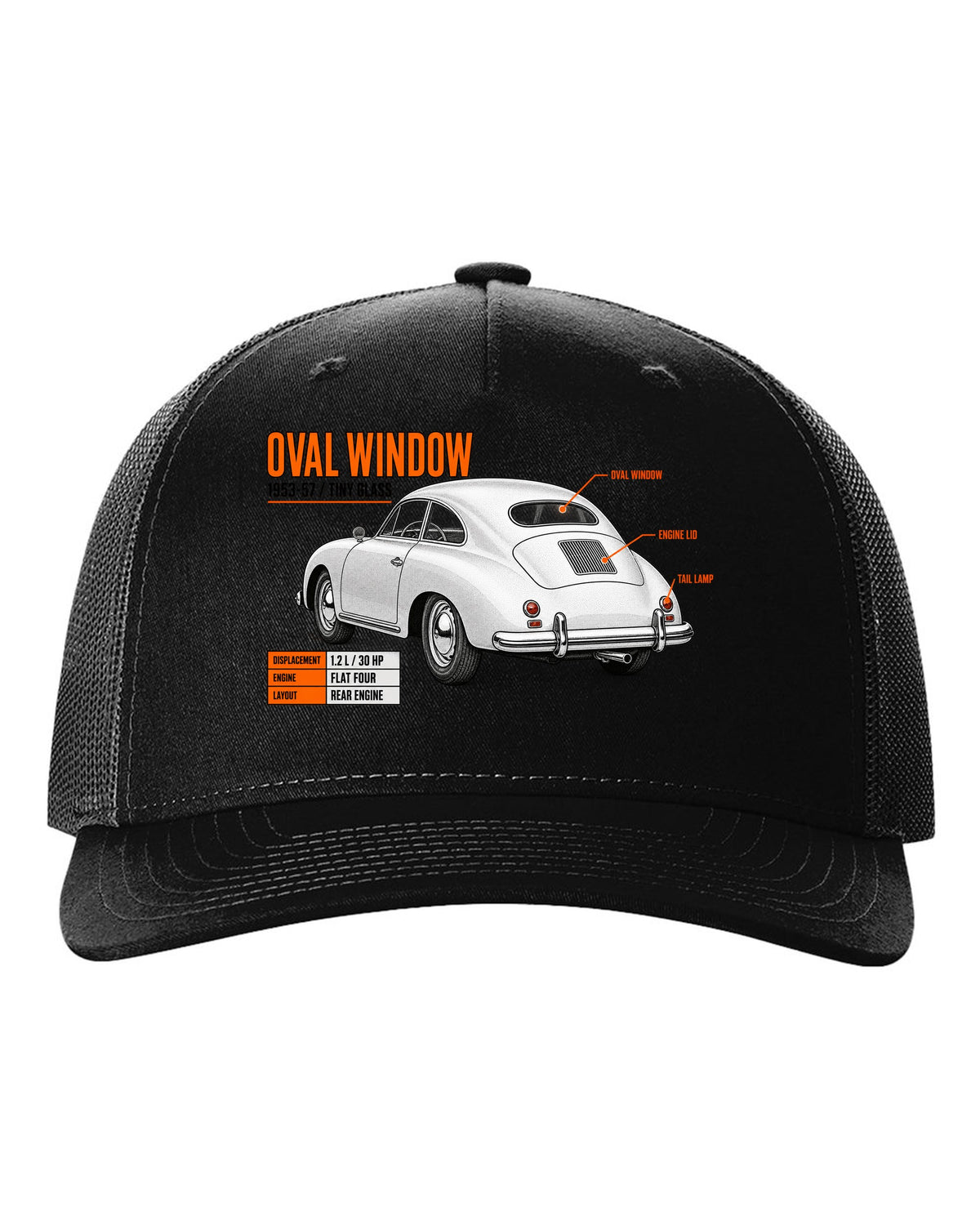 Spec poster print of a VW Beetle oval-window rear three-quarter with 1953-57 text black hat front view with the design