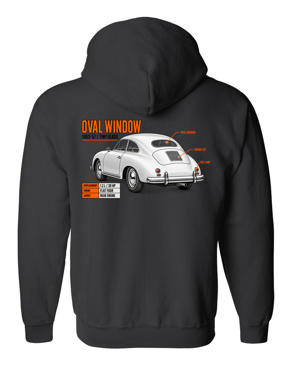 Spec poster print of a VW Beetle oval-window rear three-quarter with 1953-57 text black zip hoodie back view with the design