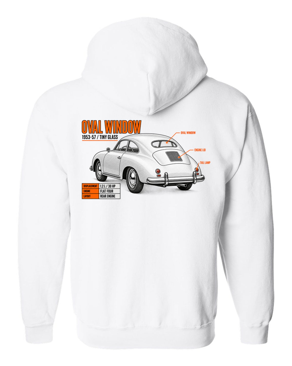 Spec poster print of a VW Beetle oval-window rear three-quarter with 1953-57 text white zip hoodie back view with the design