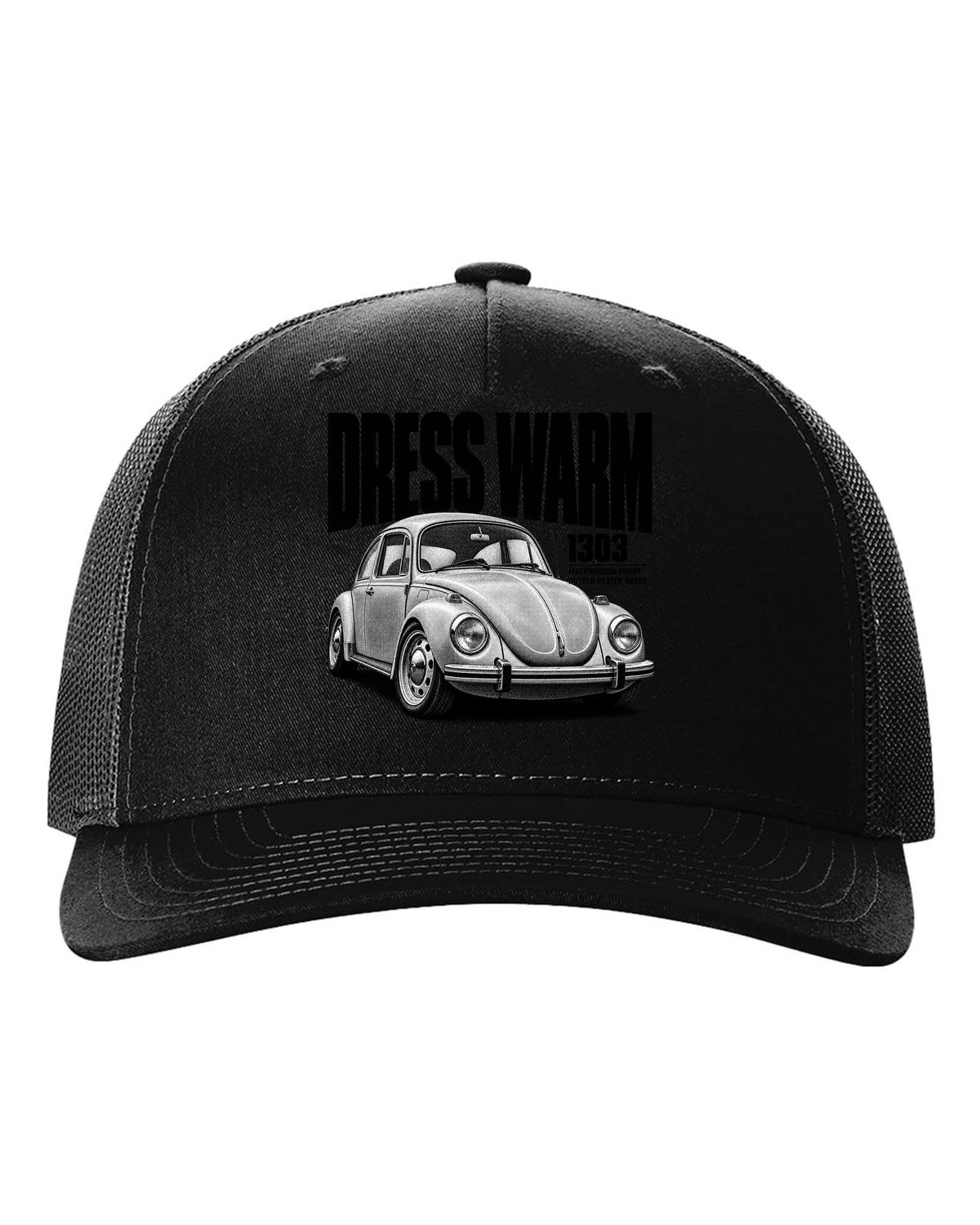 Halftone print of a VW Beetle Type 1 1303 front three-quarter with dress warm text black hat front view with the design