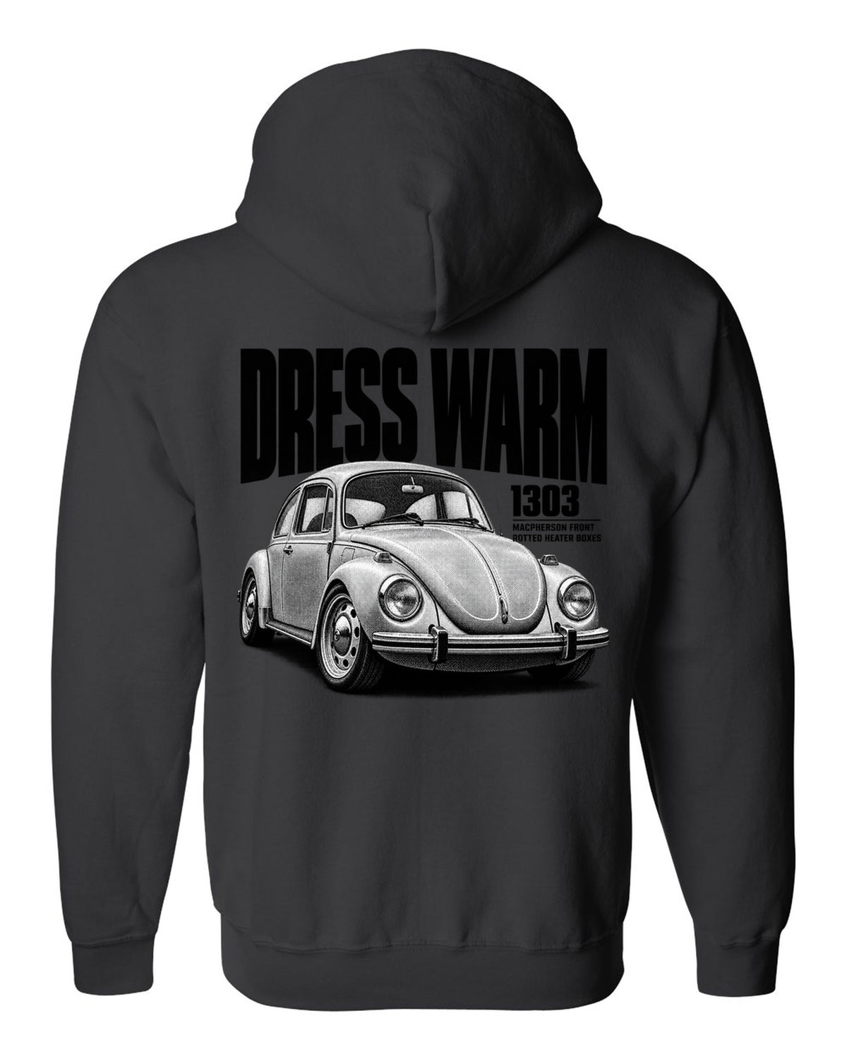 Halftone print of a VW Beetle Type 1 1303 front three-quarter with dress warm text black zip hoodie back view with the design