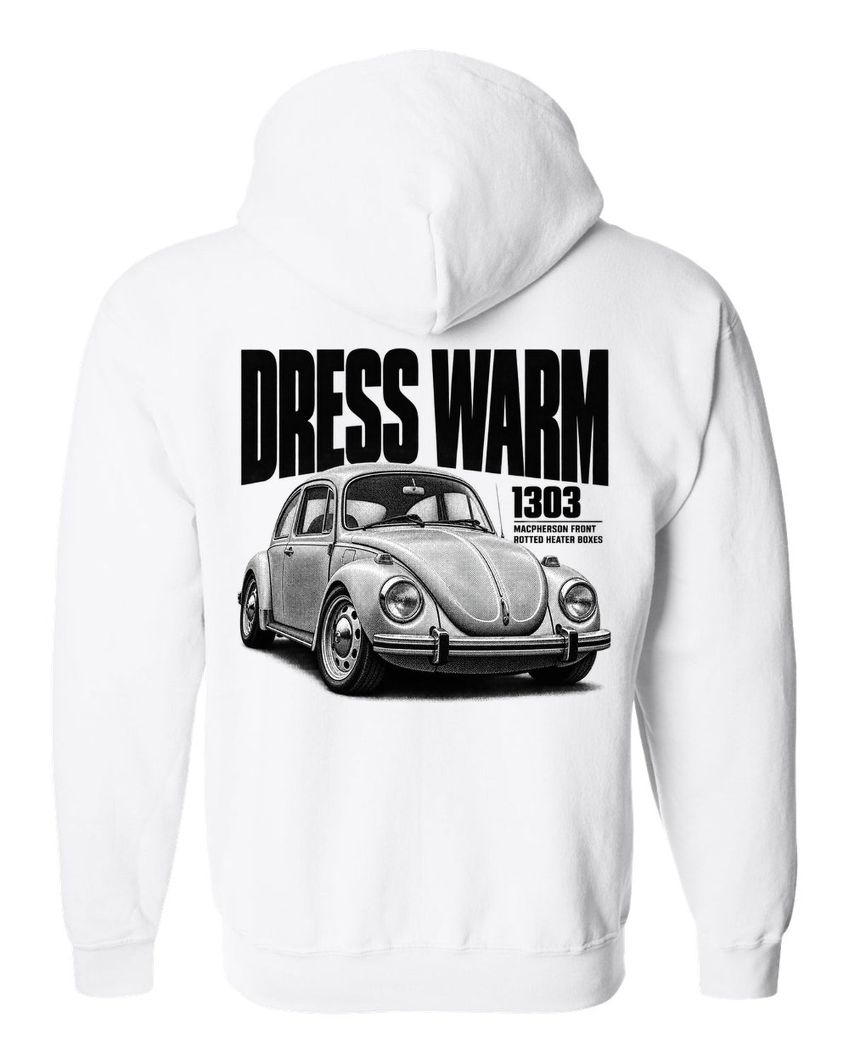 Halftone print of a VW Beetle Type 1 1303 front three-quarter with dress warm text white zip hoodie back view with the design