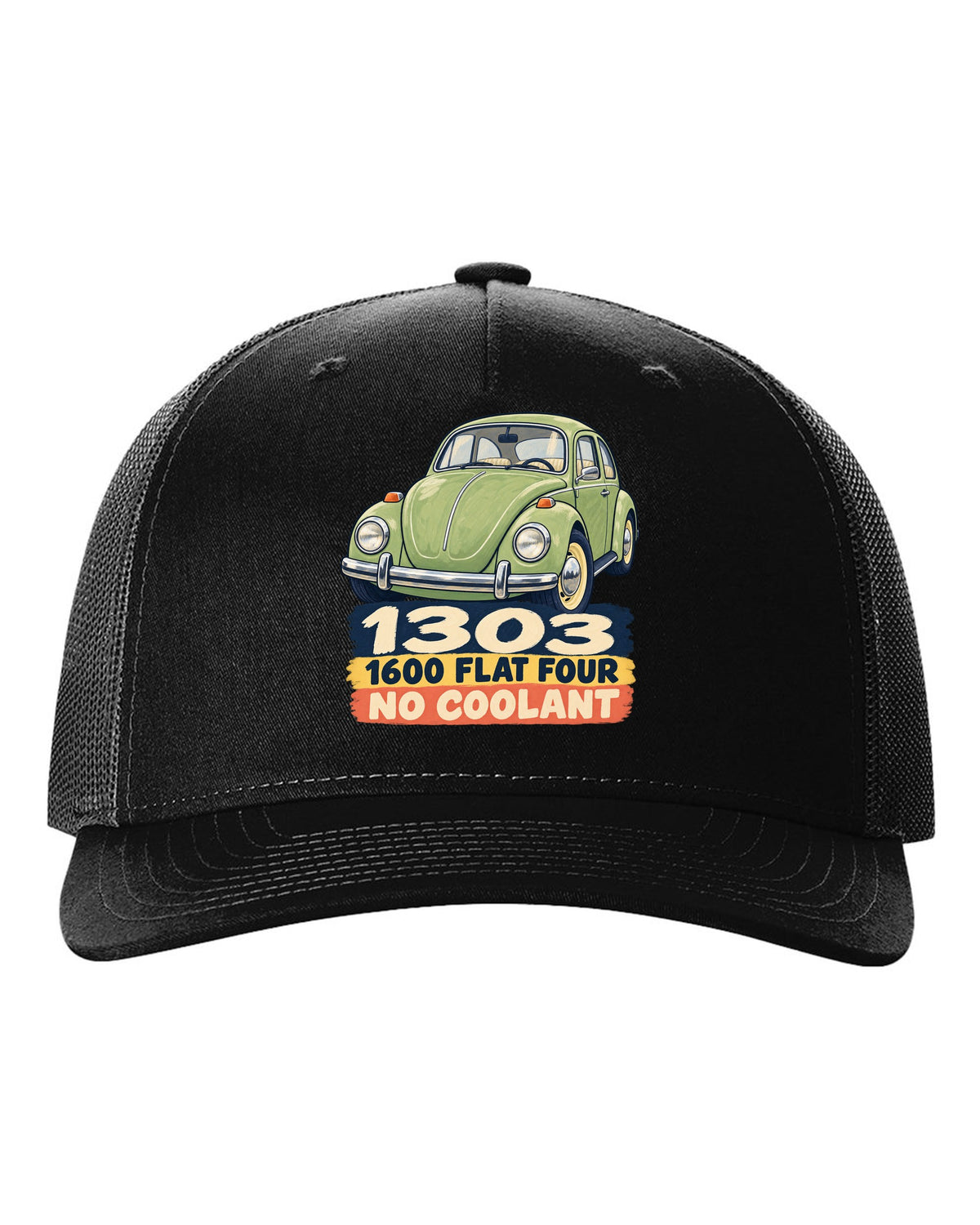 Gouache-style painted flat colour print of a VW Beetle Type 1 1303 with 1600 flat four lettering black hat front view with the design