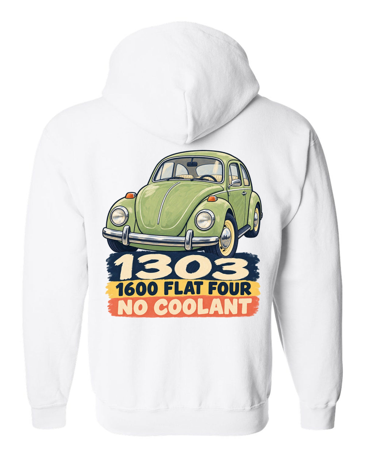 Gouache-style painted flat colour print of a VW Beetle Type 1 1303 with 1600 flat four lettering white zip hoodie back view with the design