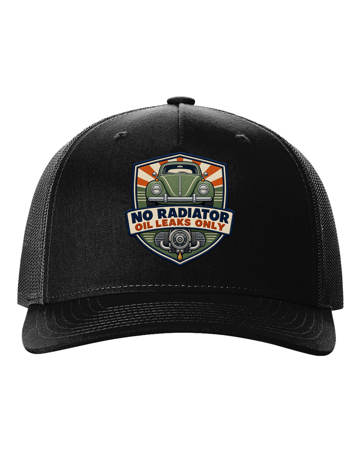 Shield crest for the VW Beetle Type 1 1303 reading no radiator, oil leaks only black hat front view with the design