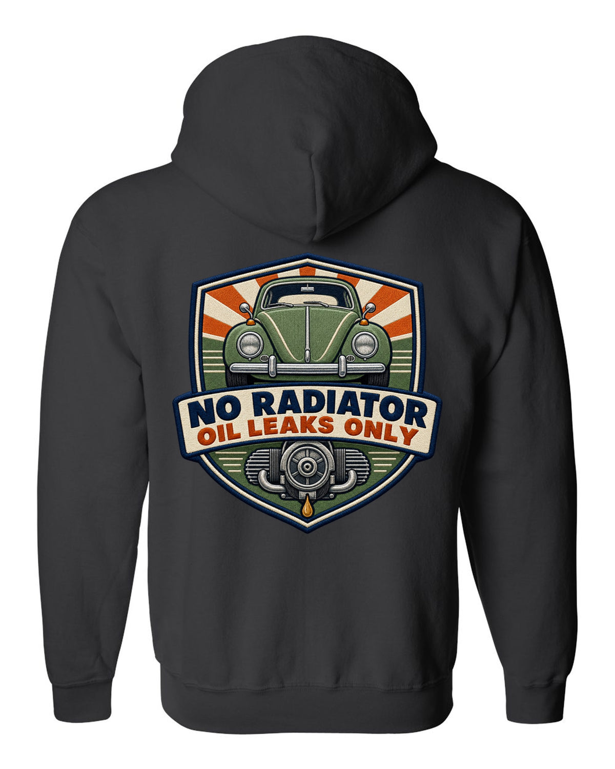 Shield crest for the VW Beetle Type 1 1303 reading no radiator, oil leaks only black zip hoodie back view with the design