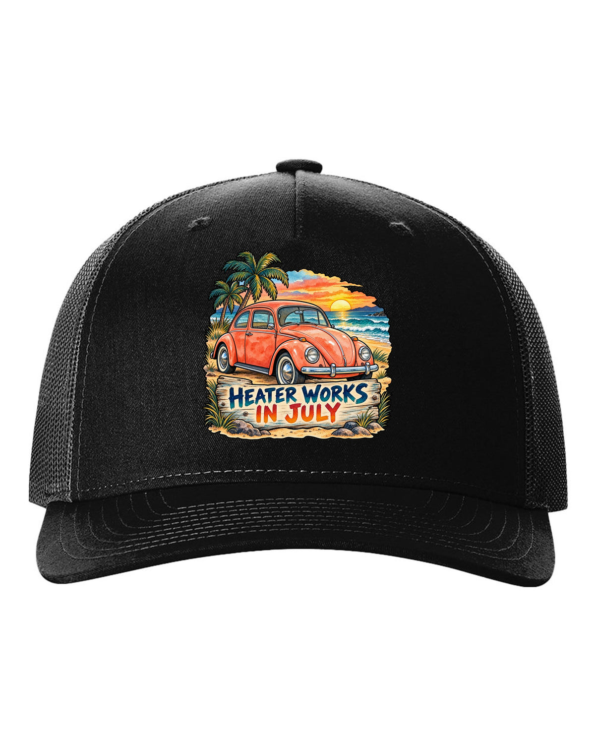 Watercolour sunset beach scene with a 1960s VW Beetle Type 1 and heater works in July text black hat front view with the design