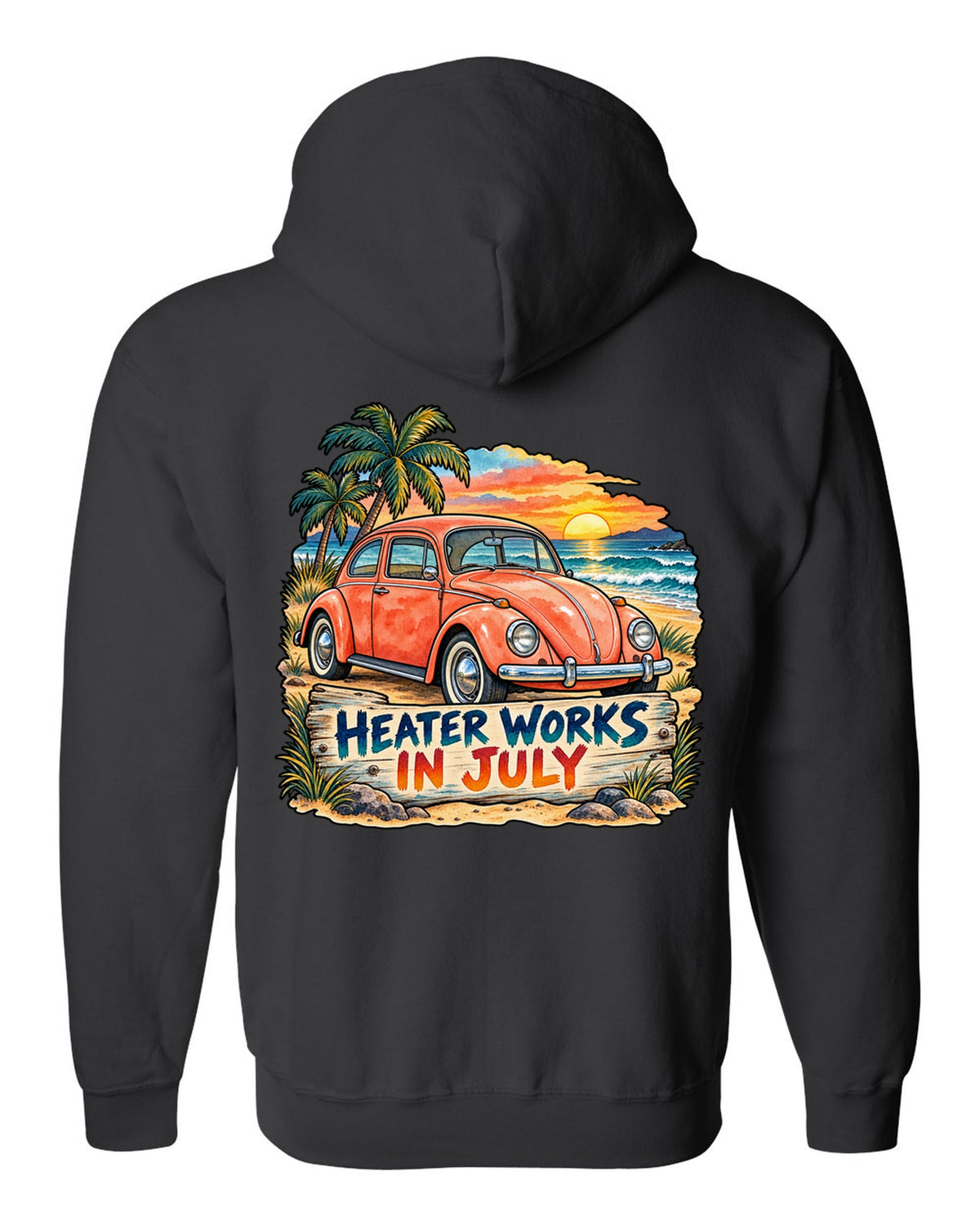 Watercolour sunset beach scene with a 1960s VW Beetle Type 1 and heater works in July text black zip hoodie back view with the design