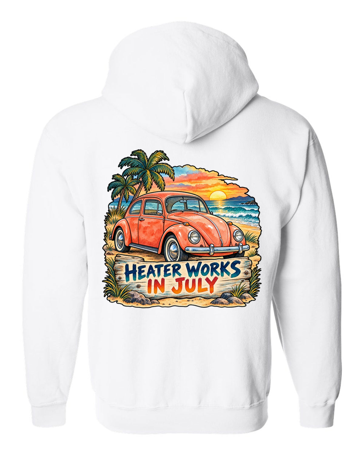 Watercolour sunset beach scene with a 1960s VW Beetle Type 1 and heater works in July text white zip hoodie back view with the design