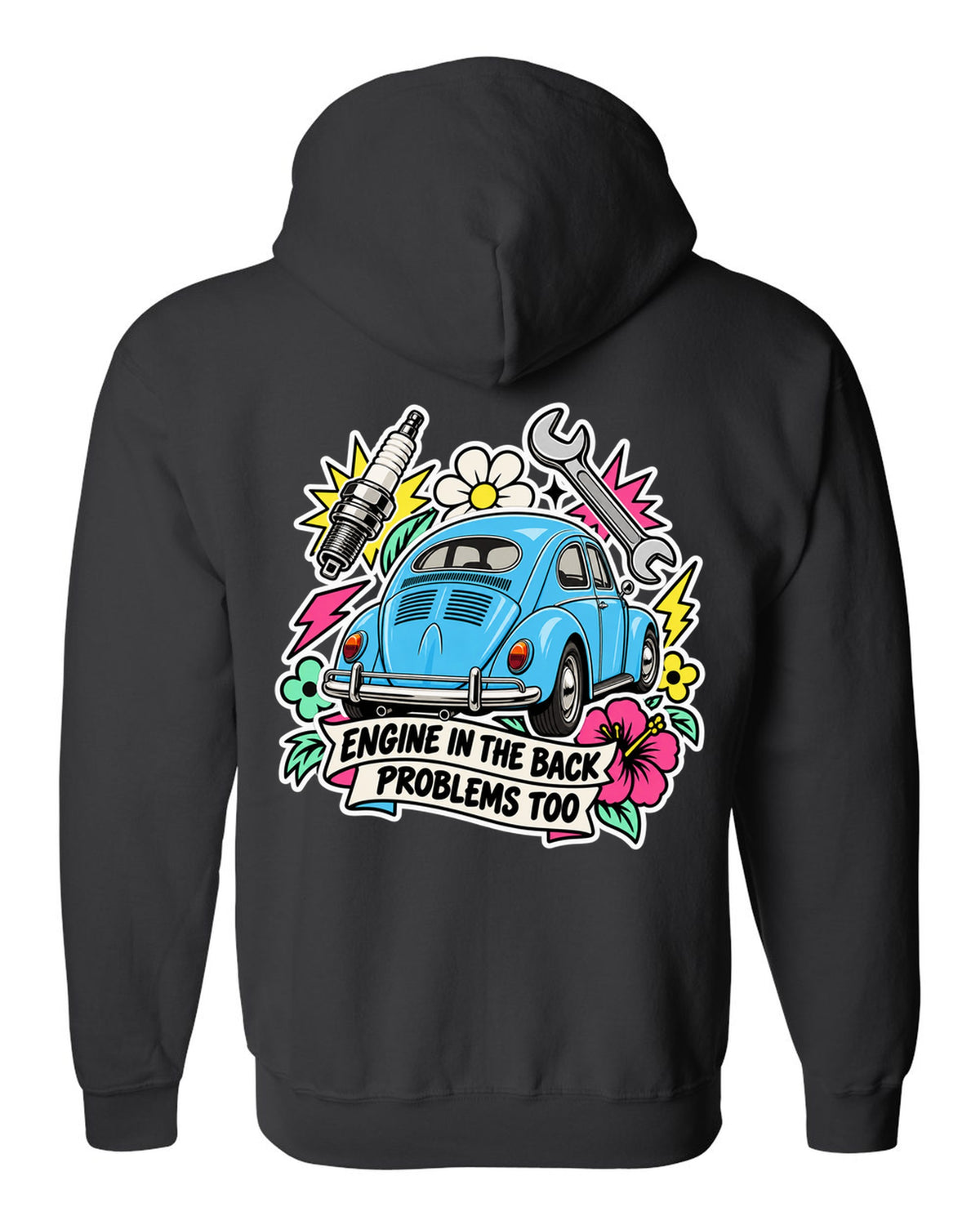 Sticker-bomb collage of a VW Beetle Type 1 with engine in the back lettering black zip hoodie back view with the design