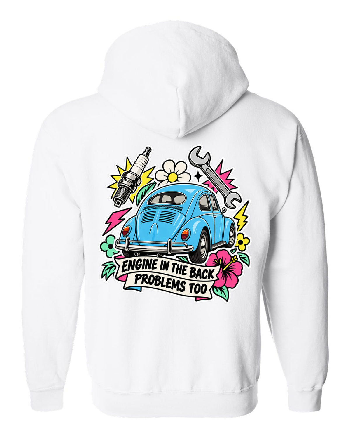 Sticker-bomb collage of a VW Beetle Type 1 with engine in the back lettering white zip hoodie back view with the design