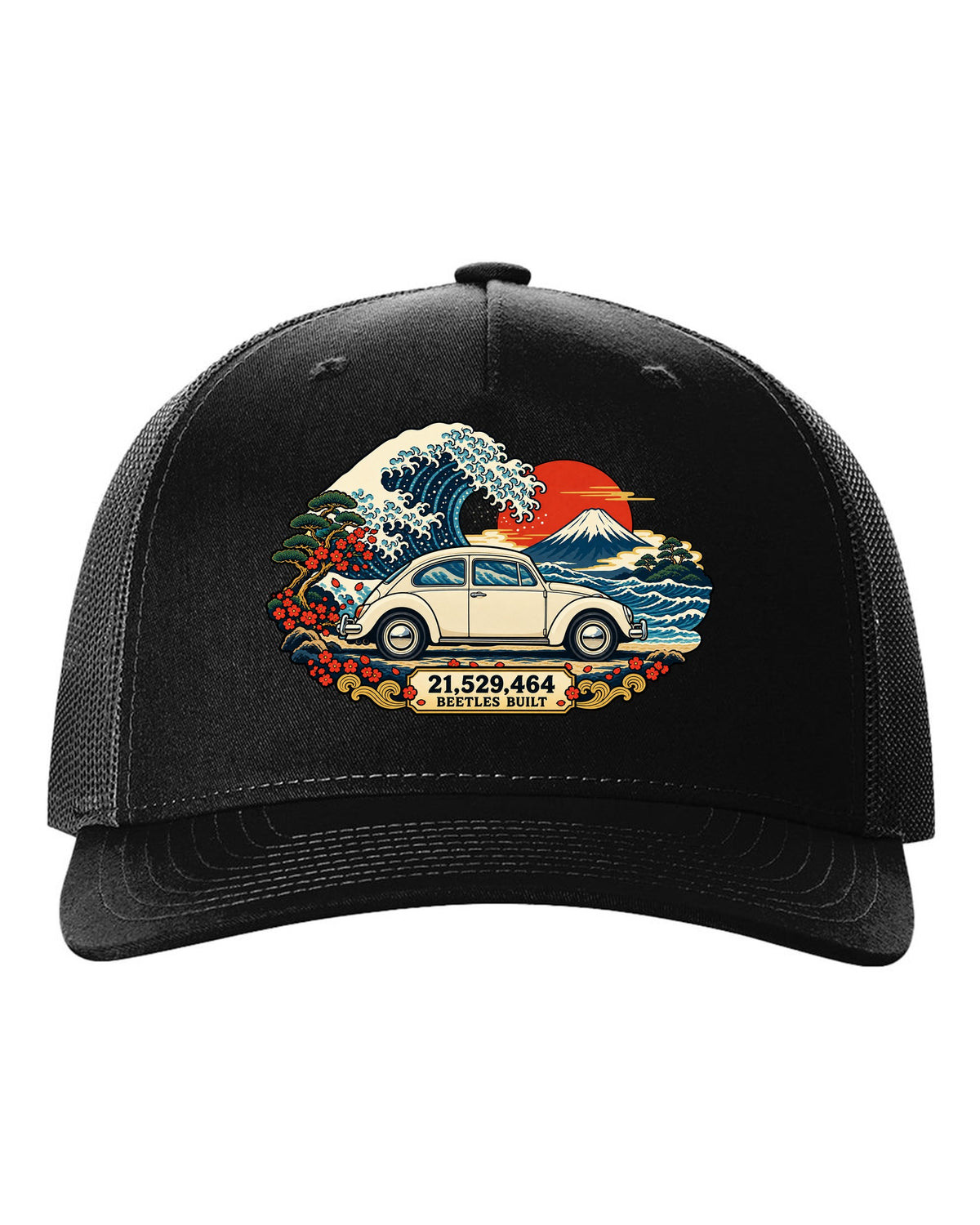 Ukiyo-e woodblock wave print of a VW Beetle Type 1 with 21,529,464 Beetles built text black hat front view with the design