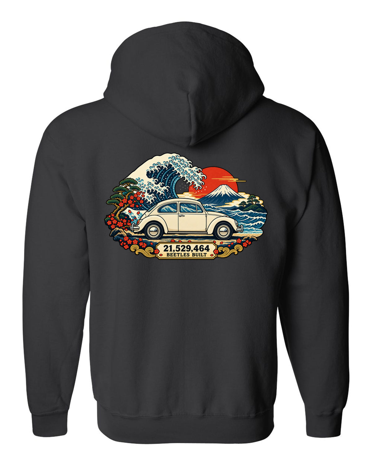 Ukiyo-e woodblock wave print of a VW Beetle Type 1 with 21,529,464 Beetles built text black zip hoodie back view with the design