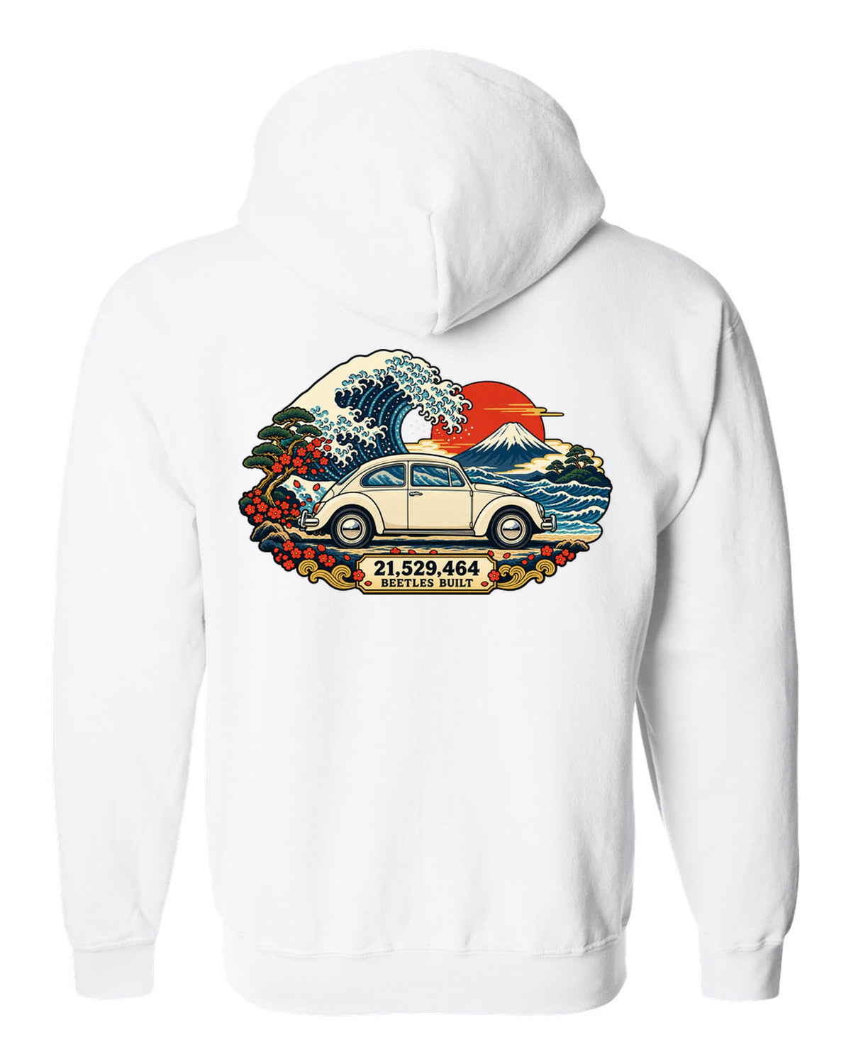 Ukiyo-e woodblock wave print of a VW Beetle Type 1 with 21,529,464 Beetles built text white zip hoodie back view with the design