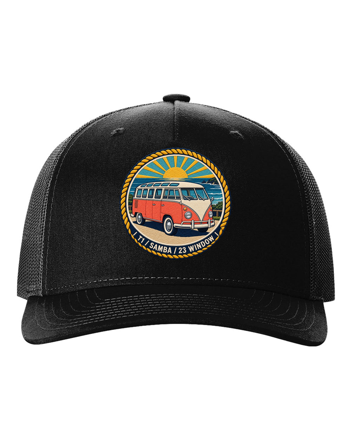 Round crest for the VW Bus T1 Samba 23 window black hat front view with the design