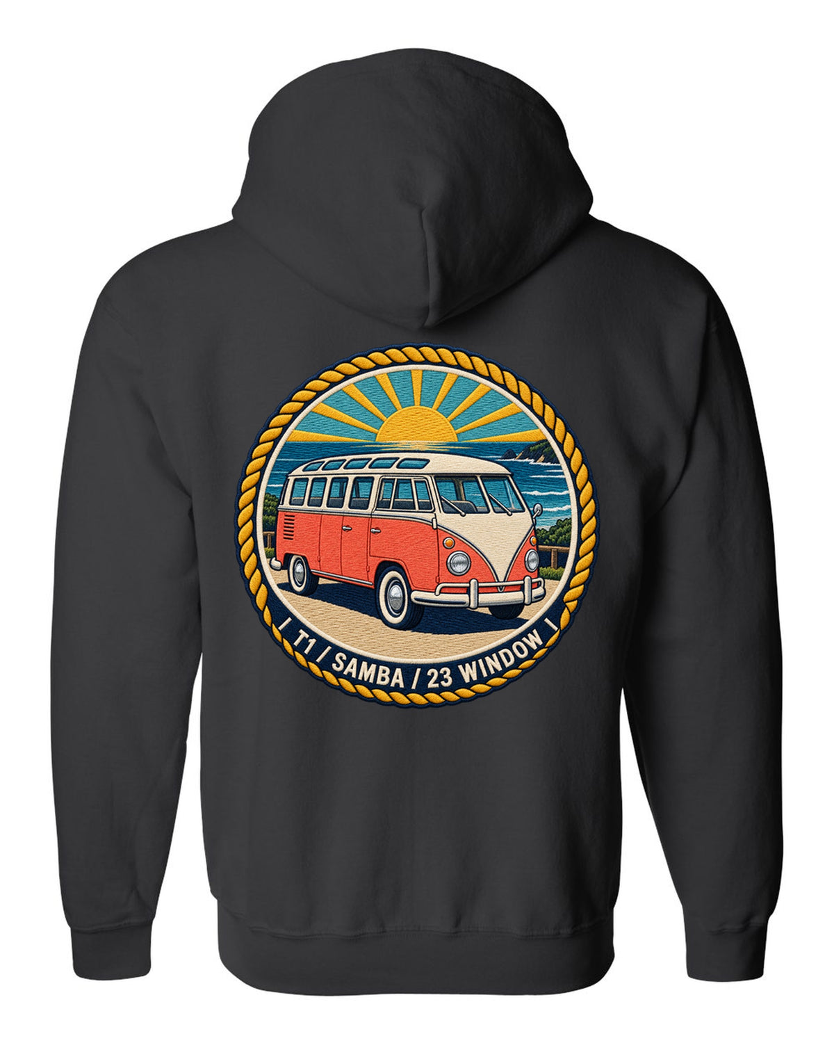 Round crest for the VW Bus T1 Samba 23 window black zip hoodie back view with the design