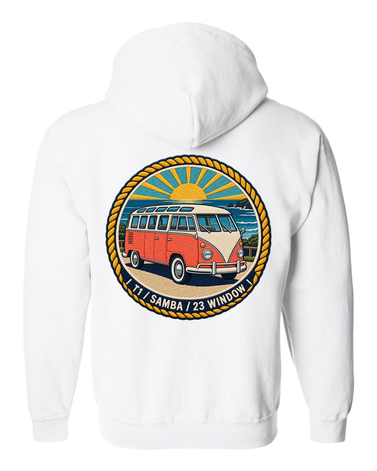 Round crest for the VW Bus T1 Samba 23 window white zip hoodie back view with the design