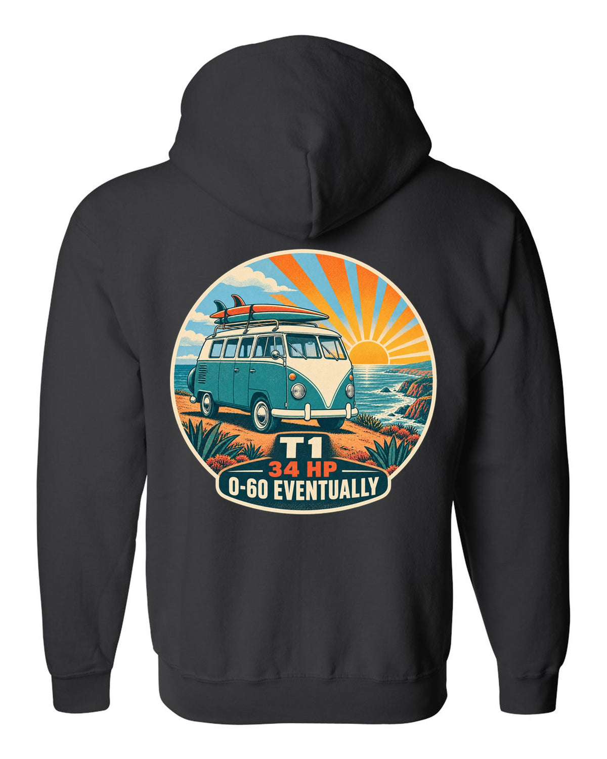 Two-colour silkscreen sunburst print of a 1962 VW Bus T1 split-window with 34 HP lettering black zip hoodie back view with the design