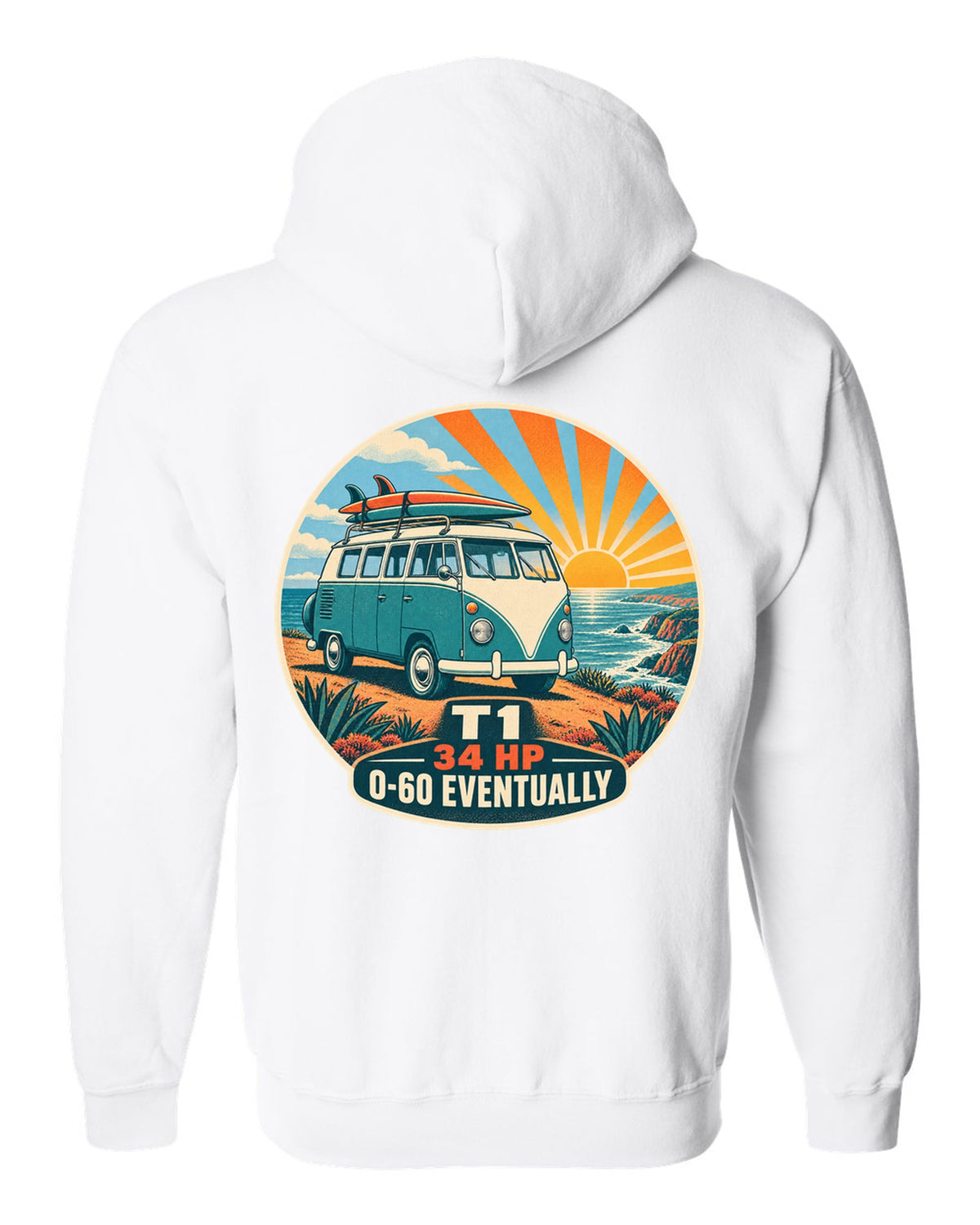 Two-colour silkscreen sunburst print of a 1962 VW Bus T1 split-window with 34 HP lettering white zip hoodie back view with the design