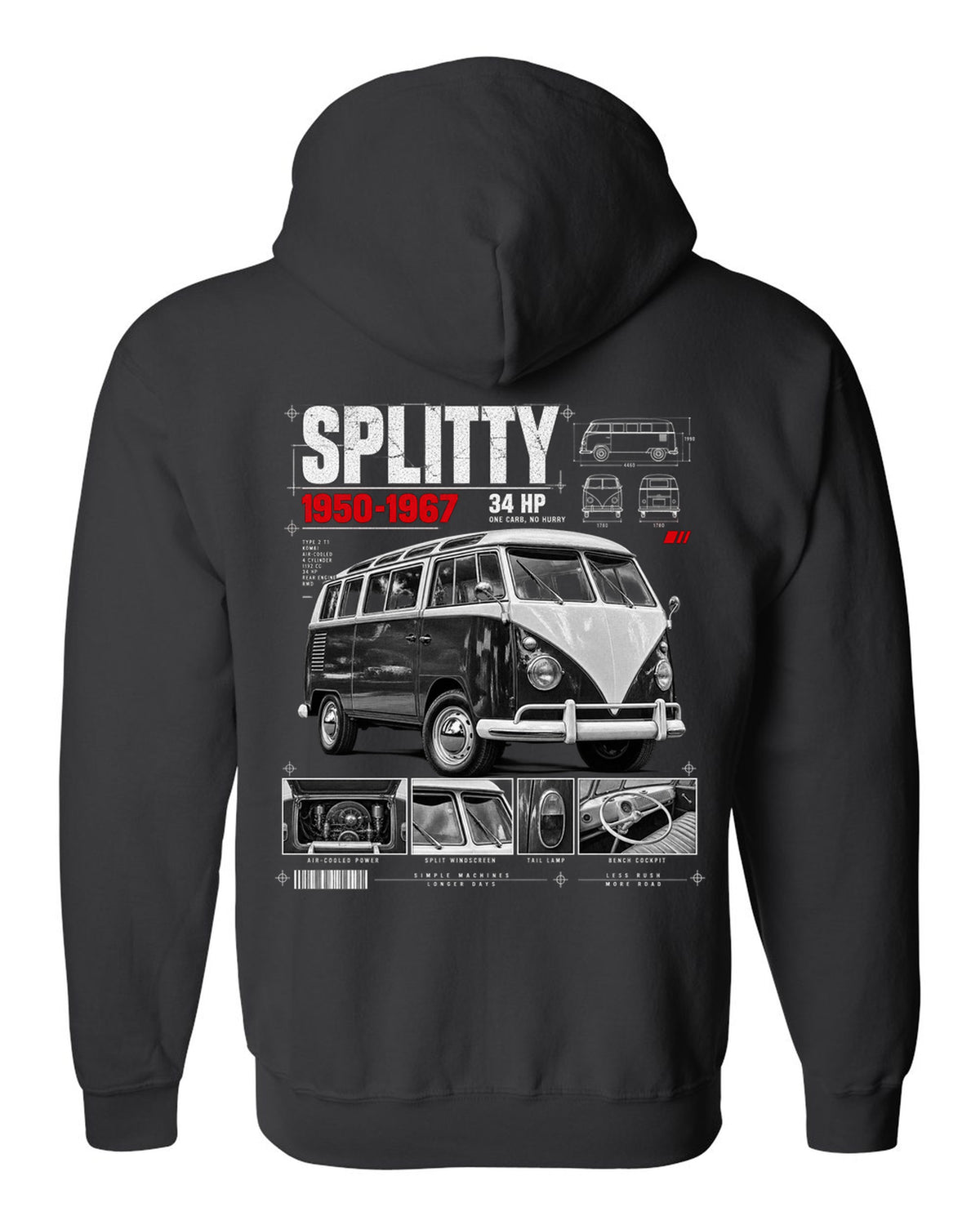 Dossier panel print of a 1962 VW T1 split-window Kombi with spec text black zip hoodie back view with the design
