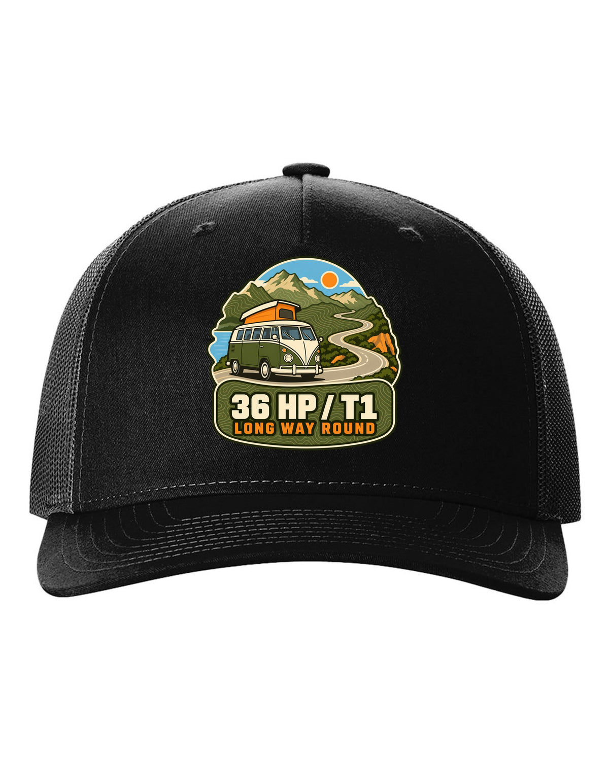 Topographic route map print of a 1962 VW Bus T1 split-window with 36 HP lettering black hat front view with the design