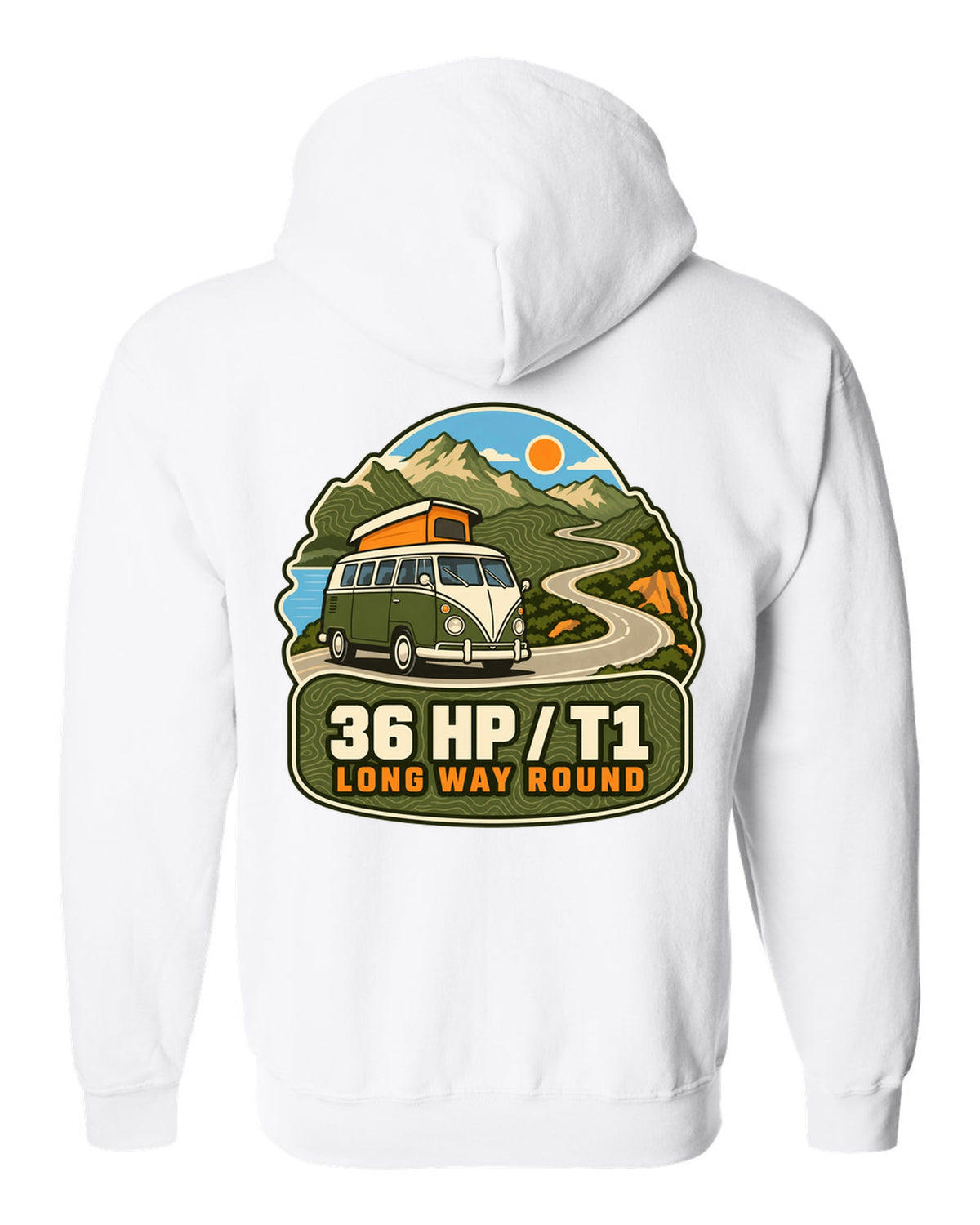 Topographic route map print of a 1962 VW Bus T1 split-window with 36 HP lettering white zip hoodie back view with the design